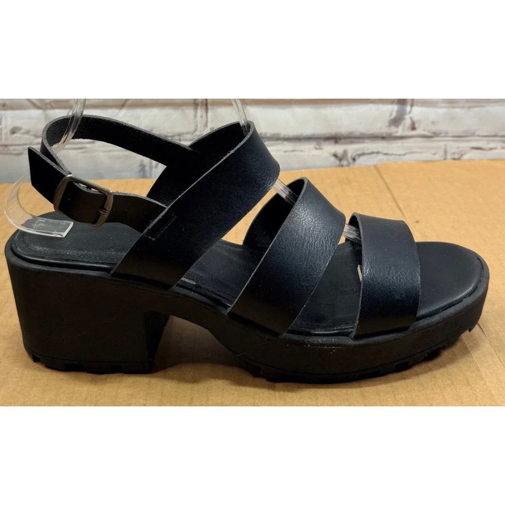 Lugsy Sandals Women 10 Black Platform Lug Sole Goth Grunge Strappy Faux Leather